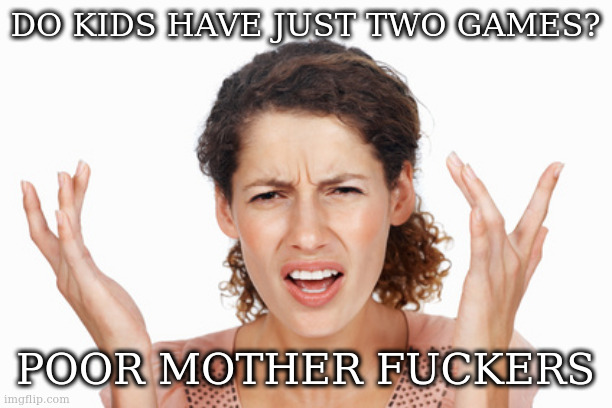 Indignant | DO KIDS HAVE JUST TWO GAMES? POOR MOTHER FUCKERS | image tagged in indignant | made w/ Imgflip meme maker