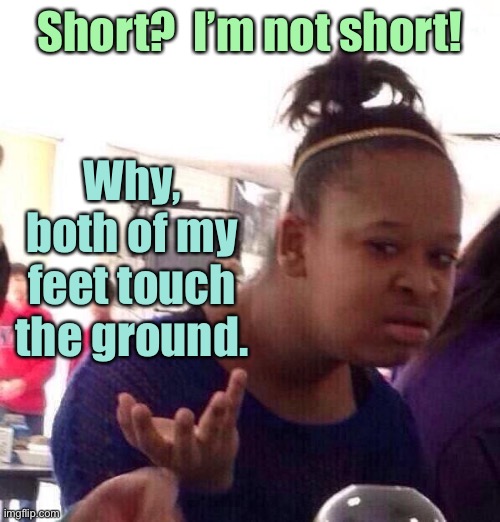 Black Girl Wat Meme | Short?  I’m not short! Why, both of my feet touch the ground. | image tagged in memes,black girl wat | made w/ Imgflip meme maker