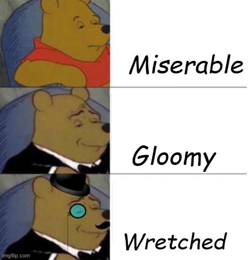Tuxedo Winnie the Pooh (3 panel) | Miserable; Gloomy; Wretched | image tagged in tuxedo winnie the pooh 3 panel | made w/ Imgflip meme maker