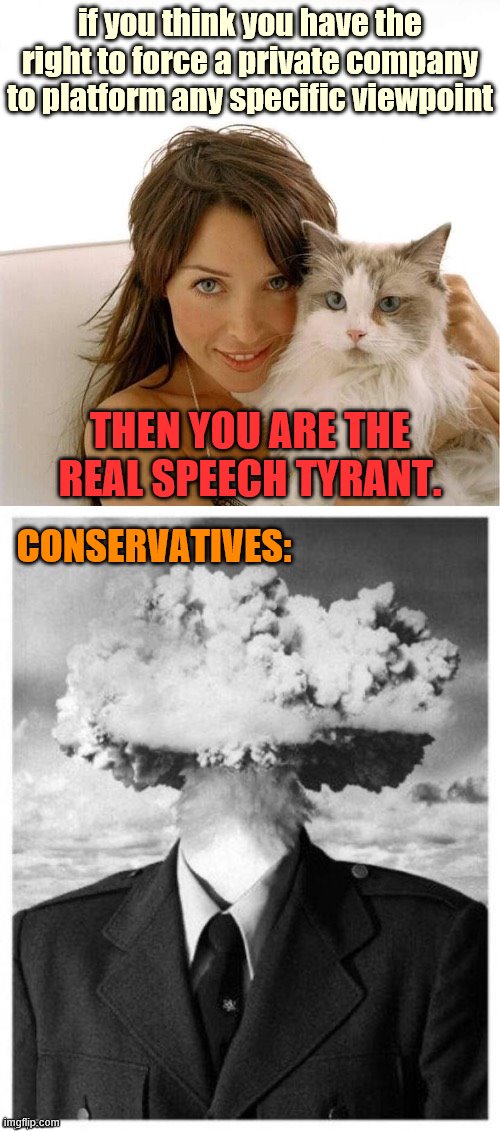 Facebook deleting fake news posts isn't censorship, it's just them exercising their own free speech rights. | if you think you have the right to force a private company to platform any specific viewpoint; THEN YOU ARE THE REAL SPEECH TYRANT. CONSERVATIVES: | image tagged in dannii mind blown,freedom of speech,free speech,conservative logic,first amendment,social media | made w/ Imgflip meme maker