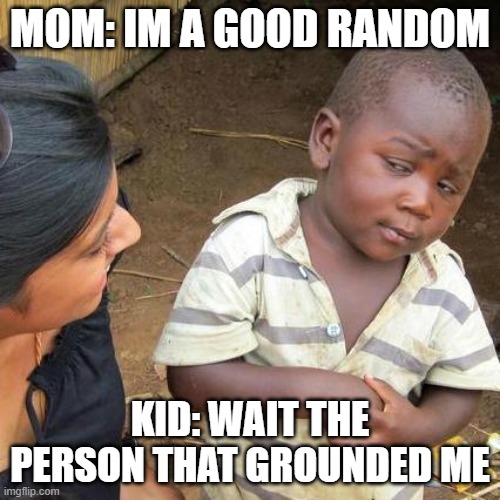 Third World Skeptical Kid | MOM: IM A GOOD RANDOM; KID: WAIT THE PERSON THAT GROUNDED ME | image tagged in memes,third world skeptical kid | made w/ Imgflip meme maker