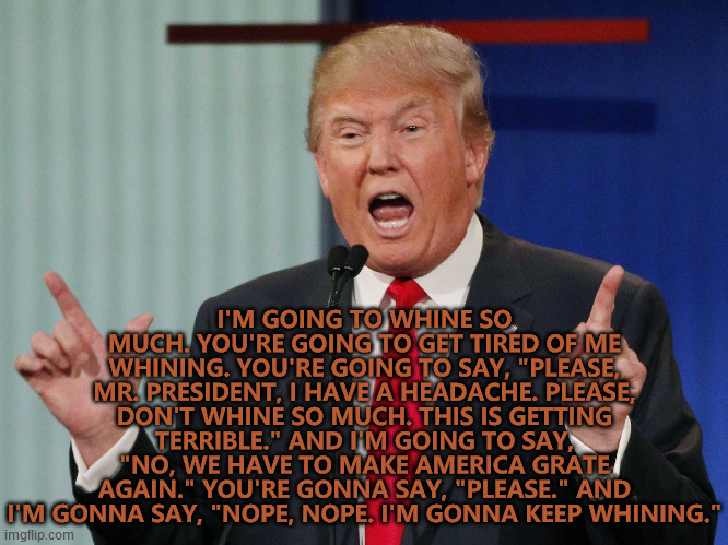 Donald Trump | I'M GOING TO WHINE SO MUCH. YOU'RE GOING TO GET TIRED OF ME WHINING. YOU'RE GOING TO SAY, "PLEASE, MR. PRESIDENT, I HAVE A HEADACHE. PLEASE, DON'T WHINE SO MUCH. THIS IS GETTING TERRIBLE." AND I'M GOING TO SAY, "NO, WE HAVE TO MAKE AMERICA GRATE AGAIN." YOU'RE GONNA SAY, "PLEASE." AND I'M GONNA SAY, "NOPE, NOPE. I'M GONNA KEEP WHINING." | image tagged in donald trump,whining,annoying,make america great again,pun,shut up | made w/ Imgflip meme maker
