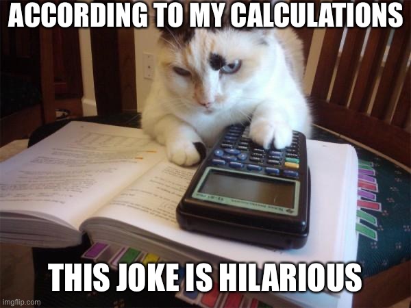 Math cat | ACCORDING TO MY CALCULATIONS THIS JOKE IS HILARIOUS | image tagged in math cat | made w/ Imgflip meme maker