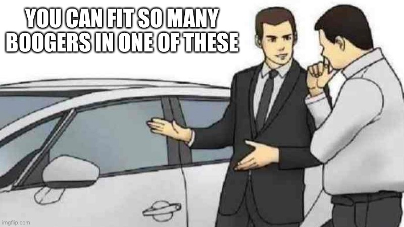 Car Salesman Slaps Roof Of Car Meme | YOU CAN FIT SO MANY BOOGERS IN ONE OF THESE | image tagged in memes,car salesman slaps roof of car | made w/ Imgflip meme maker