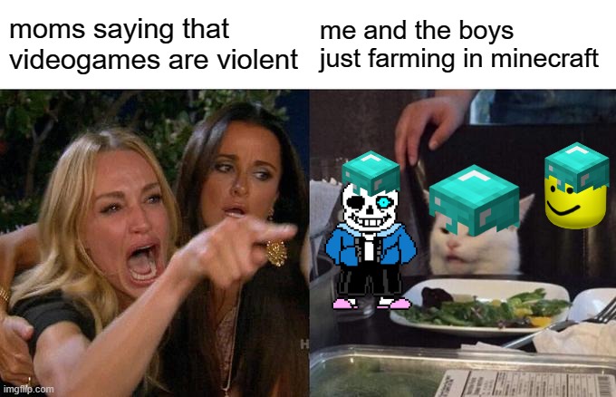 video games dont cause violence mom!!!!!!! | moms saying that videogames are violent; me and the boys just farming in minecraft | image tagged in memes,woman yelling at cat | made w/ Imgflip meme maker