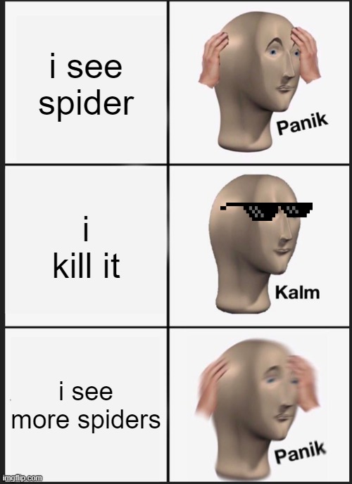 Panik Kalm Panik Meme | i see spider; i kill it; i see more spiders | image tagged in memes,panik kalm panik | made w/ Imgflip meme maker