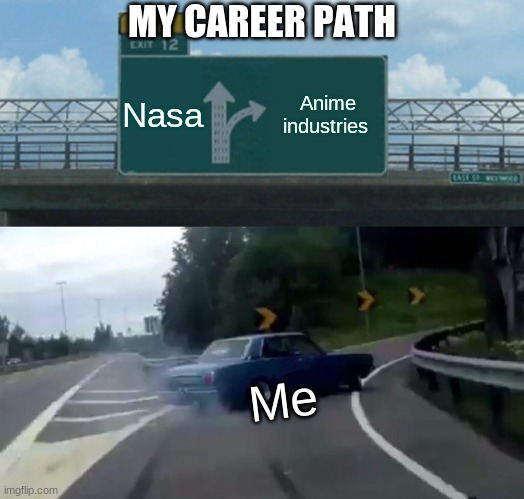 I don't want to let my family down | MY CAREER PATH; Nasa; Anime industries; Me | image tagged in memes,left exit 12 off ramp | made w/ Imgflip meme maker