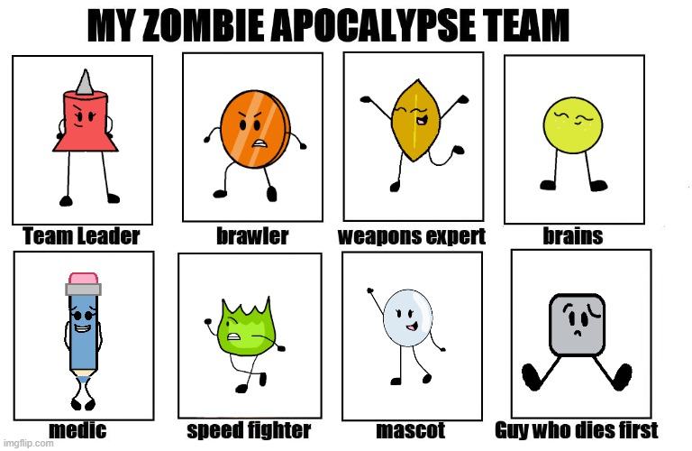 my bfdi next generation zombie apocalypse team | image tagged in my zombie apocalypse team,bfdi,bfdi next generation,look at those smiles | made w/ Imgflip meme maker
