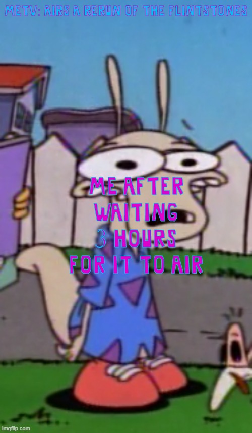 Expand Rocko | METV: AIRS A RERUN OF THE FLINTSTONES; ME AFTER WAITING 3 HOURS FOR IT TO AIR | image tagged in expand rocko | made w/ Imgflip meme maker