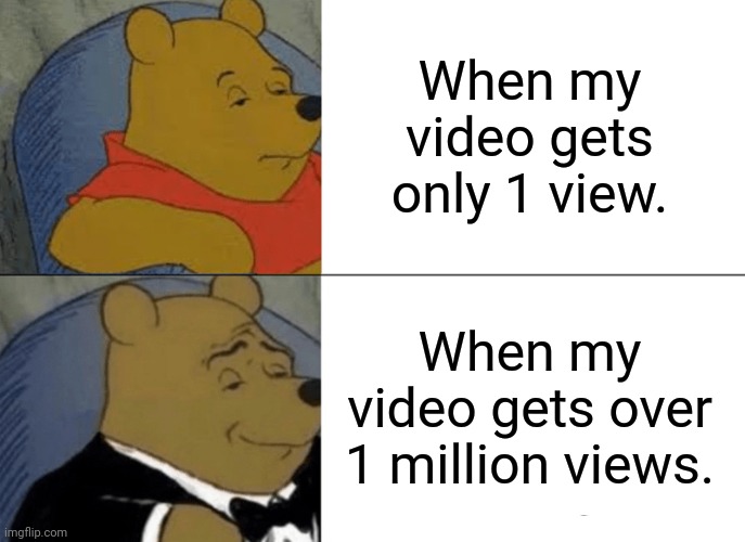 Tuxedo Winnie The Pooh | When my video gets only 1 view. When my video gets over 1 million views. | image tagged in memes,tuxedo winnie the pooh | made w/ Imgflip meme maker