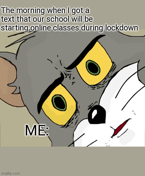 True story | The morning when I got a text that our school will be starting online classes during lockdown; ME: | image tagged in memes,unsettled tom | made w/ Imgflip meme maker