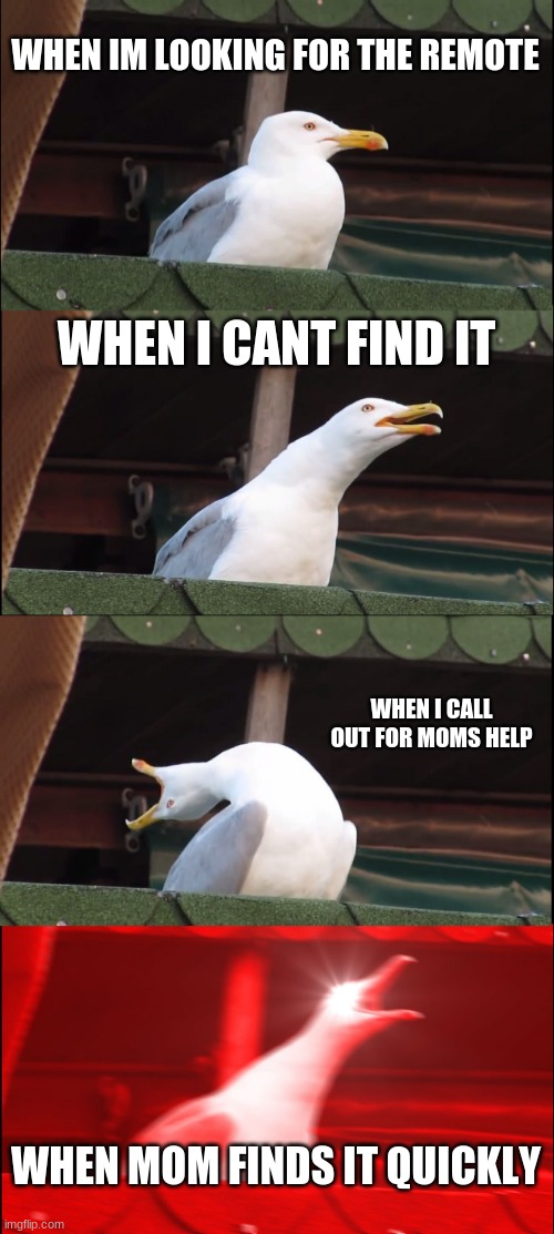 Inhaling Seagull | WHEN IM LOOKING FOR THE REMOTE; WHEN I CANT FIND IT; WHEN I CALL OUT FOR MOMS HELP; WHEN MOM FINDS IT QUICKLY | image tagged in memes,inhaling seagull | made w/ Imgflip meme maker