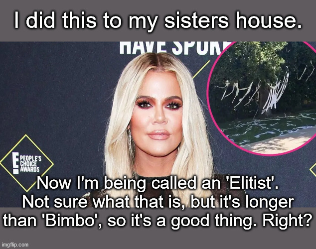 Keeping Up With.... | I did this to my sisters house. Now I'm being called an 'Elitist'. Not sure what that is, but it's longer than 'Bimbo', so it's a good thing. Right? | image tagged in kardashians,khloe | made w/ Imgflip meme maker