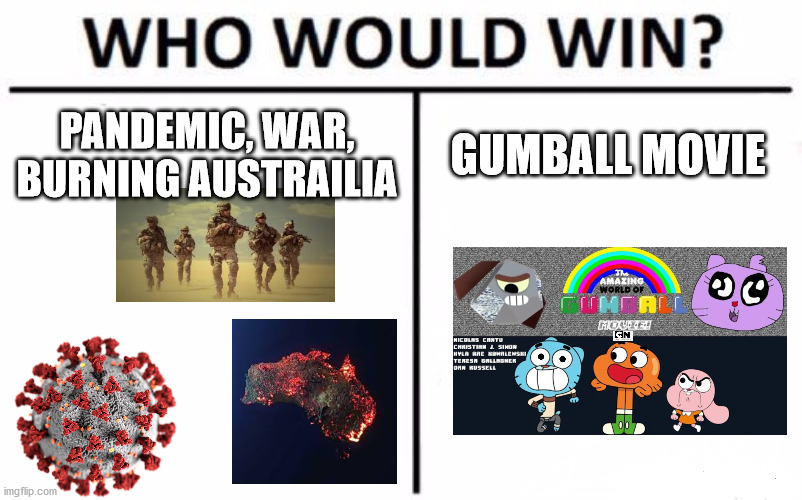 GUNBALL | PANDEMIC, WAR, BURNING AUSTRAILIA; GUMBALL MOVIE | image tagged in memes,who would win | made w/ Imgflip meme maker