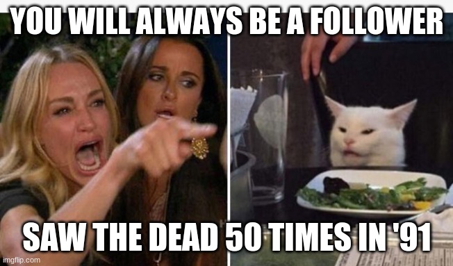 barsky bitchin | YOU WILL ALWAYS BE A FOLLOWER; SAW THE DEAD 50 TIMES IN '91 | image tagged in drunk lady and cat | made w/ Imgflip meme maker