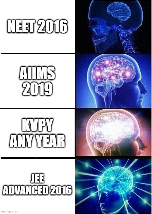 INDIAN COMPETITIVE EXAMS | NEET 2016; AIIMS 2019; KVPY ANY YEAR; JEE ADVANCED 2016 | image tagged in memes,expanding brain | made w/ Imgflip meme maker