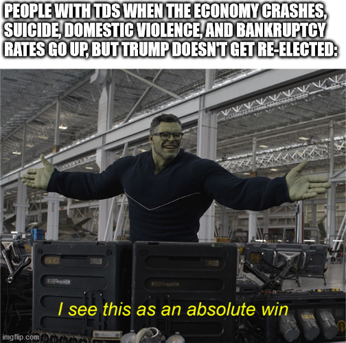 Horrible things are happening and they don't even care. | PEOPLE WITH TDS WHEN THE ECONOMY CRASHES, SUICIDE, DOMESTIC VIOLENCE, AND BANKRUPTCY RATES GO UP, BUT TRUMP DOESN'T GET RE-ELECTED: | image tagged in i see this as an absolute win,tds,trump,liberal | made w/ Imgflip meme maker