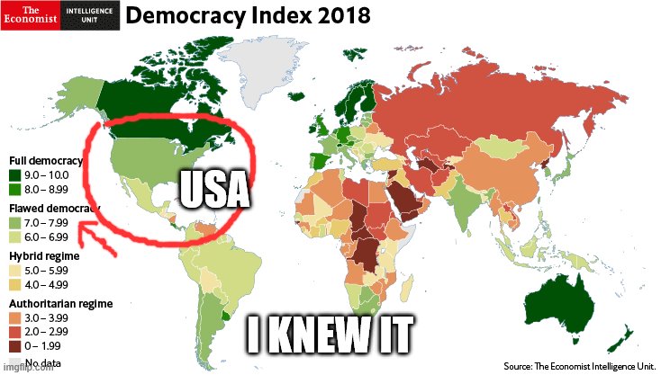US=flawed democracy | USA; I KNEW IT | image tagged in democracy map,corruption,trump lies | made w/ Imgflip meme maker