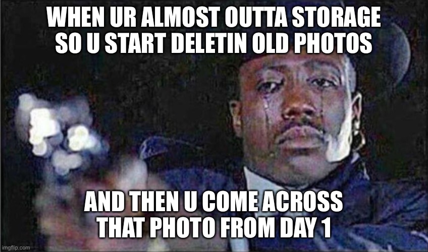 Crying Wesley Snipes | WHEN UR ALMOST OUTTA STORAGE SO U START DELETIN OLD PHOTOS; AND THEN U COME ACROSS THAT PHOTO FROM DAY 1 | image tagged in lol | made w/ Imgflip meme maker