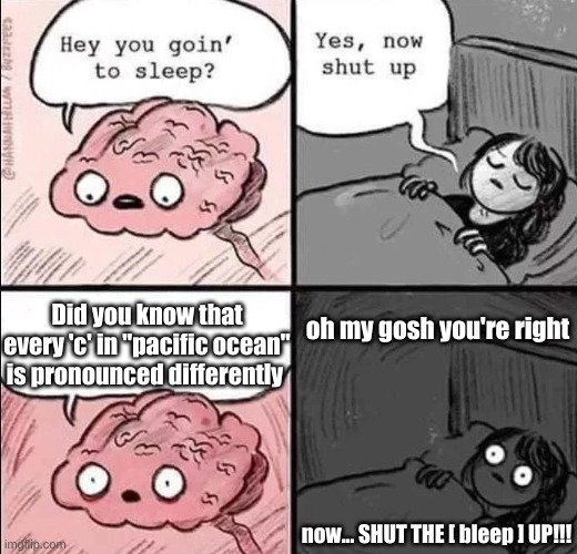 waking up brain | oh my gosh you're right; Did you know that every 'c' in "pacific ocean" is pronounced differently; now... SHUT THE [ bleep ] UP!!! | image tagged in waking up brain | made w/ Imgflip meme maker