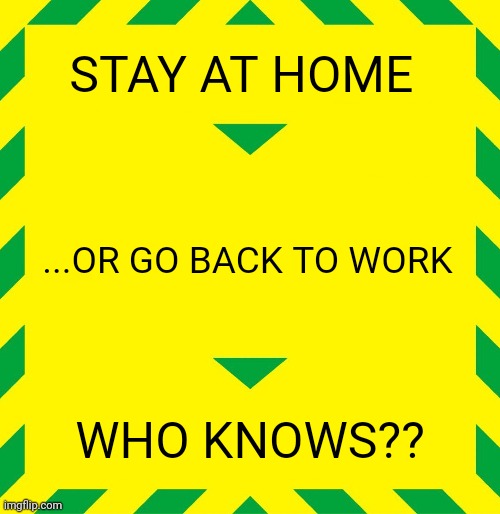 Stay Alert | STAY AT HOME; ...OR GO BACK TO WORK; WHO KNOWS?? | image tagged in stay alert | made w/ Imgflip meme maker