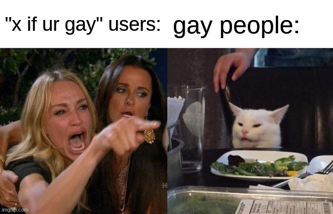 I mean lets be honest | "x if ur gay" users:; gay people: | image tagged in memes,woman yelling at cat | made w/ Imgflip meme maker