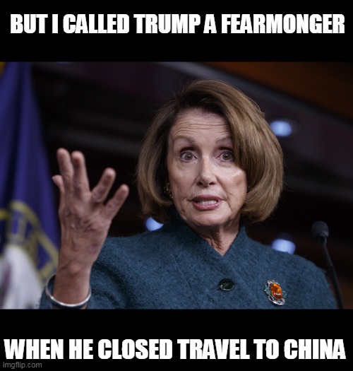 Good old Nancy Pelosi | BUT I CALLED TRUMP A FEARMONGER WHEN HE CLOSED TRAVEL TO CHINA | image tagged in good old nancy pelosi | made w/ Imgflip meme maker