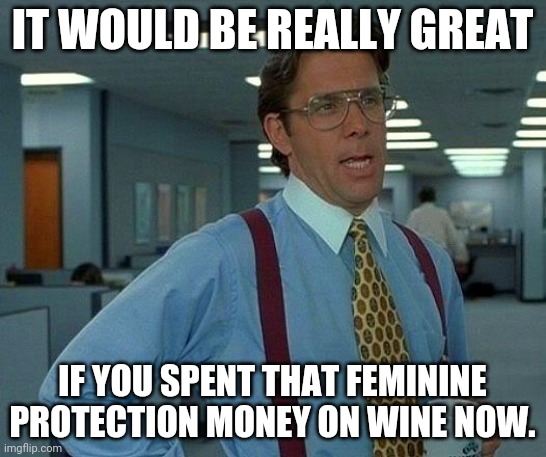 That Would Be Great Meme | IT WOULD BE REALLY GREAT; IF YOU SPENT THAT FEMININE PROTECTION MONEY ON WINE NOW. | image tagged in memes,that would be great | made w/ Imgflip meme maker