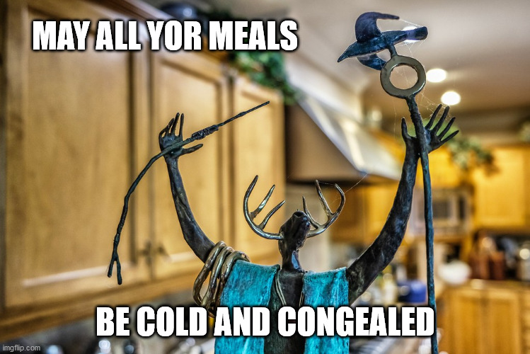 MAY ALL YOR MEALS; BE COLD AND CONGEALED | image tagged in food voodoo | made w/ Imgflip meme maker