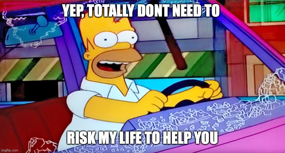 Homer Pickaxe in Head | YEP, TOTALLY DONT NEED TO RISK MY LIFE TO HELP YOU | image tagged in homer pickaxe in head | made w/ Imgflip meme maker