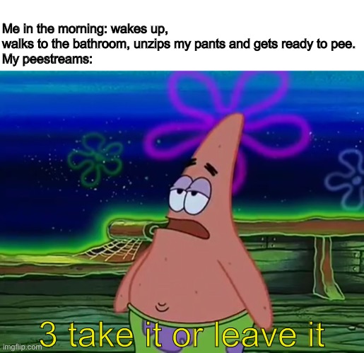 Patrick Star Take It Or Leave | Me in the morning: wakes up, walks to the bathroom, unzips my pants and gets ready to pee.
My peestreams:; 3 take it or leave it | image tagged in patrick star take it or leave,memes,funny,morning | made w/ Imgflip meme maker