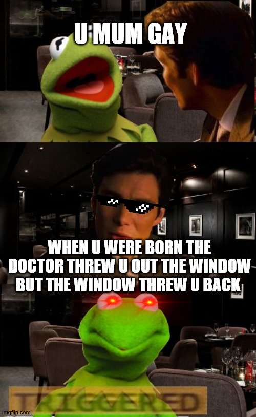 Kermit Triggered |  U MUM GAY; WHEN U WERE BORN THE DOCTOR THREW U OUT THE WINDOW BUT THE WINDOW THREW U BACK | image tagged in kermit triggered | made w/ Imgflip meme maker