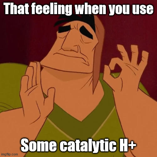 Catalytic Acid | That feeling when you use; Some catalytic H+ | image tagged in when x just right,chemistry,organic chemistry,lab | made w/ Imgflip meme maker