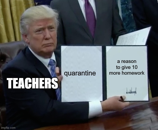 Trump Bill Signing | quarantine; a reason to give 10 more homework; TEACHERS | image tagged in memes,trump bill signing | made w/ Imgflip meme maker