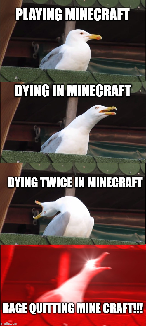 Inhaling Seagull Meme | PLAYING MINECRAFT; DYING IN MINECRAFT; DYING TWICE IN MINECRAFT; RAGE QUITTING MINE CRAFT!!! | image tagged in memes,inhaling seagull | made w/ Imgflip meme maker