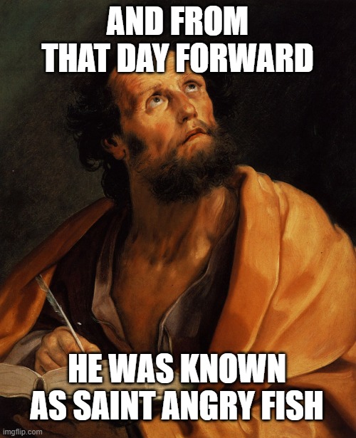 Saint | AND FROM THAT DAY FORWARD HE WAS KNOWN AS SAINT ANGRY FISH | image tagged in saint | made w/ Imgflip meme maker