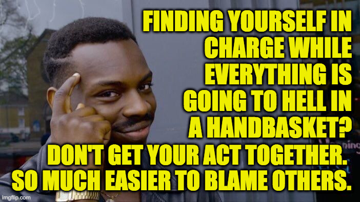 Wisdom you can use from the Republican playbook. | FINDING YOURSELF IN
CHARGE WHILE
EVERYTHING IS
GOING TO HELL IN
A HANDBASKET? DON'T GET YOUR ACT TOGETHER. 
SO MUCH EASIER TO BLAME OTHERS. | image tagged in memes,roll safe think about it,republican playbook,what would a stable genius do,politician trump,swampmaster d | made w/ Imgflip meme maker