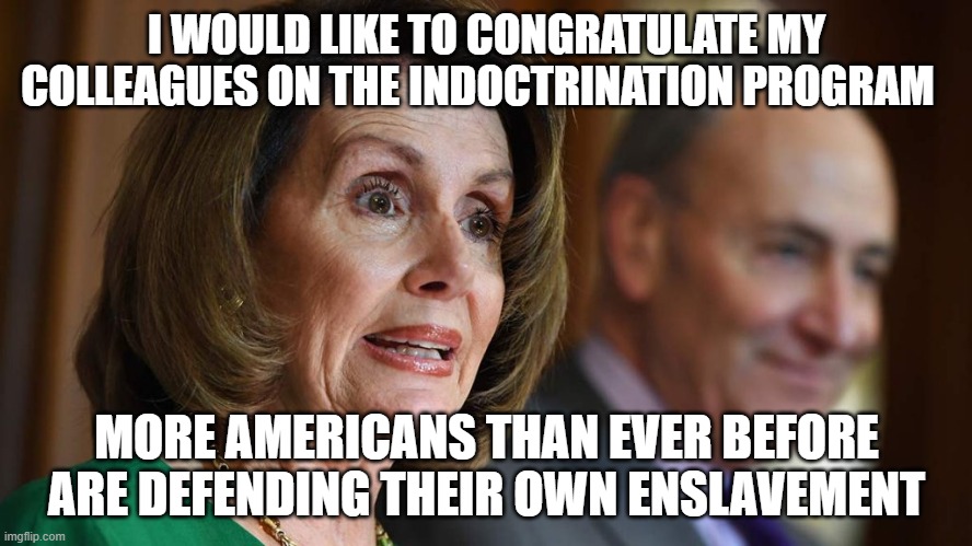 nancy pelosi | I WOULD LIKE TO CONGRATULATE MY COLLEAGUES ON THE INDOCTRINATION PROGRAM; MORE AMERICANS THAN EVER BEFORE ARE DEFENDING THEIR OWN ENSLAVEMENT | image tagged in nancy pelosi | made w/ Imgflip meme maker