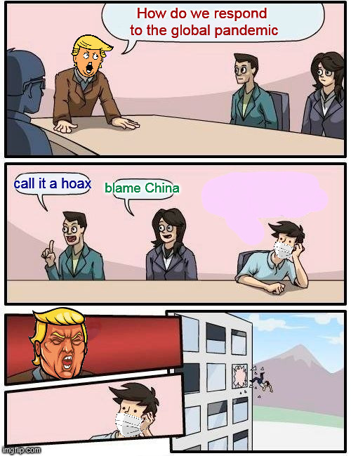 Trump Boardroom Meeting Suggestion | to the global pandemic; call it a hoax | image tagged in memes,boardroom meeting suggestion,covid19,face mask | made w/ Imgflip meme maker