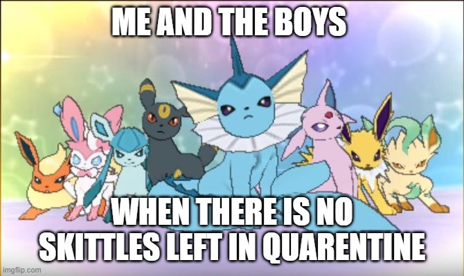 Eevee squad | ME AND THE BOYS; WHEN THERE IS NO SKITTLES LEFT IN QUARENTINE | image tagged in pokemon sun moon eevee squad | made w/ Imgflip meme maker