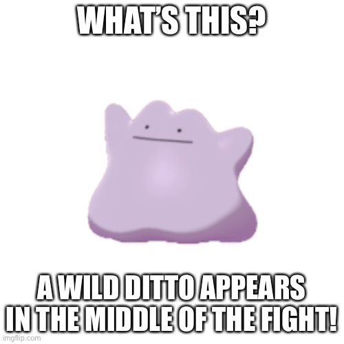 Ditto? | WHAT’S THIS? A WILD DITTO APPEARS IN THE MIDDLE OF THE FIGHT! | image tagged in ditto,pokemon,yeetachu | made w/ Imgflip meme maker