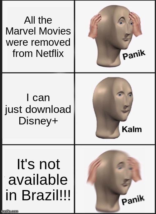 Panik Kalm Panik | All the Marvel Movies were removed from Netflix; I can just download Disney+; It's not available in Brazil!!! | image tagged in memes,panik kalm panik | made w/ Imgflip meme maker