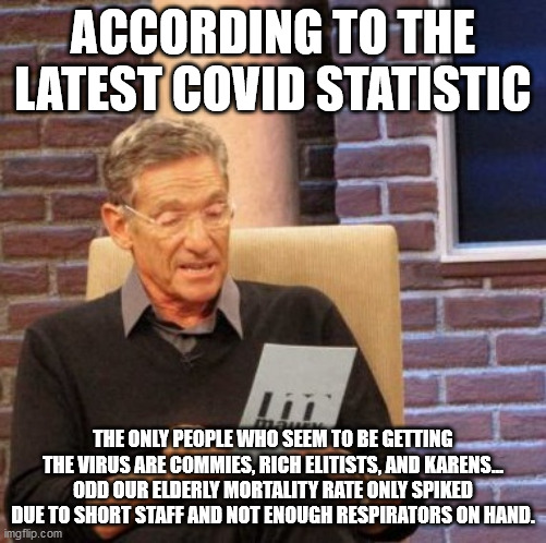 Maury Lie Detector | ACCORDING TO THE LATEST COVID STATISTIC; THE ONLY PEOPLE WHO SEEM TO BE GETTING THE VIRUS ARE COMMIES, RICH ELITISTS, AND KARENS... ODD OUR ELDERLY MORTALITY RATE ONLY SPIKED DUE TO SHORT STAFF AND NOT ENOUGH RESPIRATORS ON HAND. | image tagged in memes,maury lie detector | made w/ Imgflip meme maker