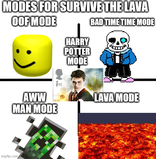 Survive the lava modes | MODES FOR SURVIVE THE LAVA; BAD TIME TIME MODE; OOF MODE; HARRY POTTER MODE; AWW MAN MODE; LAVA MODE | image tagged in memes,blank starter pack | made w/ Imgflip meme maker
