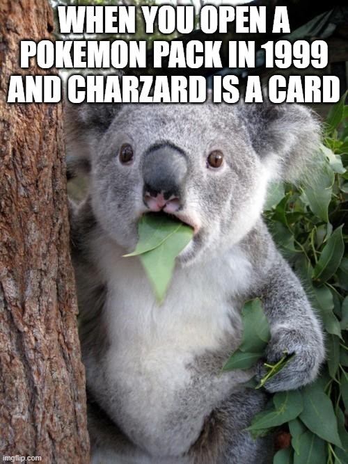Surprised Koala | WHEN YOU OPEN A POKEMON PACK IN 1999 AND CHARZARD IS A CARD | image tagged in memes,surprised koala | made w/ Imgflip meme maker