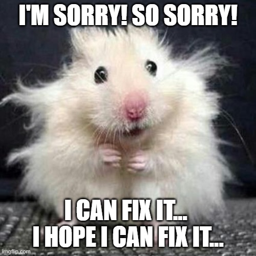 Mistake Mouse | I'M SORRY! SO SORRY! I CAN FIX IT... 
I HOPE I CAN FIX IT... | image tagged in stressed mouse | made w/ Imgflip meme maker