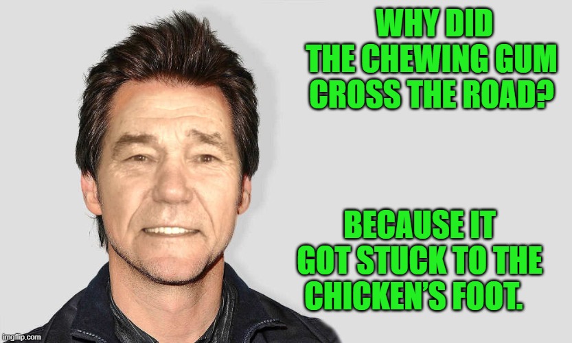 jokes r us | WHY DID THE CHEWING GUM CROSS THE ROAD? BECAUSE IT GOT STUCK TO THE CHICKEN’S FOOT. | image tagged in lou carey,kewlew | made w/ Imgflip meme maker