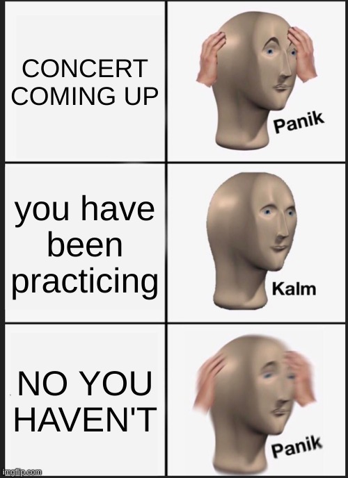 CONCERT panik | CONCERT COMING UP; you have been practicing; NO YOU HAVEN'T | image tagged in memes,panik kalm panik | made w/ Imgflip meme maker