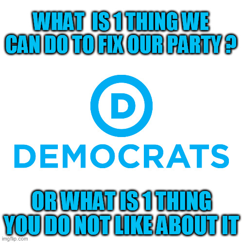 if you could change 1 thing | WHAT  IS 1 THING WE CAN DO TO FIX OUR PARTY ? OR WHAT IS 1 THING YOU DO NOT LIKE ABOUT IT | image tagged in democrats,fixing problems,change,we can do better | made w/ Imgflip meme maker