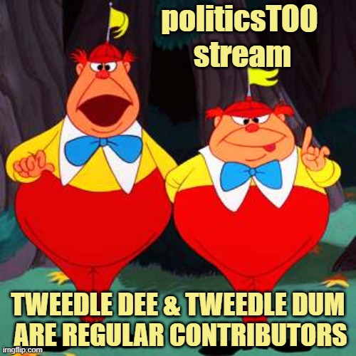 politicsTOO: the tard barn of the Internet | politicsTOO
 stream; TWEEDLE DEE & TWEEDLE DUM
 ARE REGULAR CONTRIBUTORS | image tagged in tweedle dee tweedle dum | made w/ Imgflip meme maker